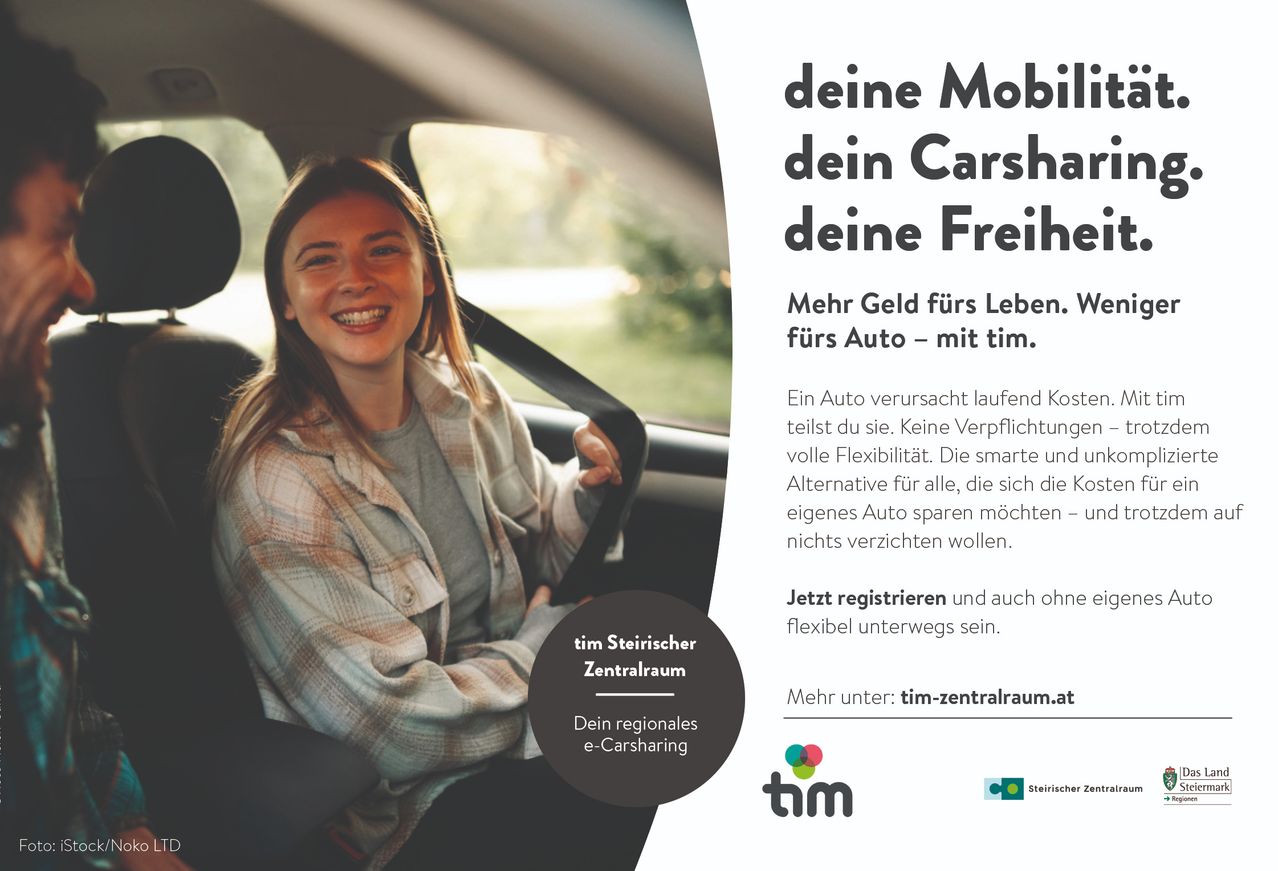 Eine lächelnde Frau sitzt im Auto und hält das Lenkrad, mit Text, der einen Auto-Sharing-Service bewirbt. Der Text betont Freiheit, Flexibilität und Einsparungen.