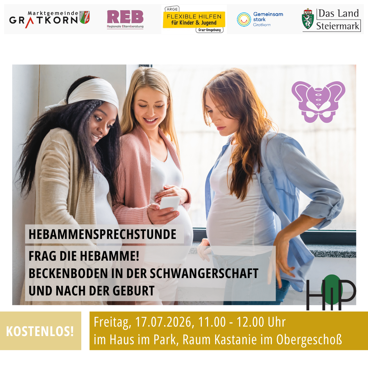 Eine Anzeige für einen kostenlosen Hebammensprechstunde zu Beckenbodenproblemen während und nach der Schwangerschaft. Die Veranstaltung ist am 17.07.2026 von 11:00 bis 12:00 im Haus im Park, Raum Kastanie im Obergeschoss.