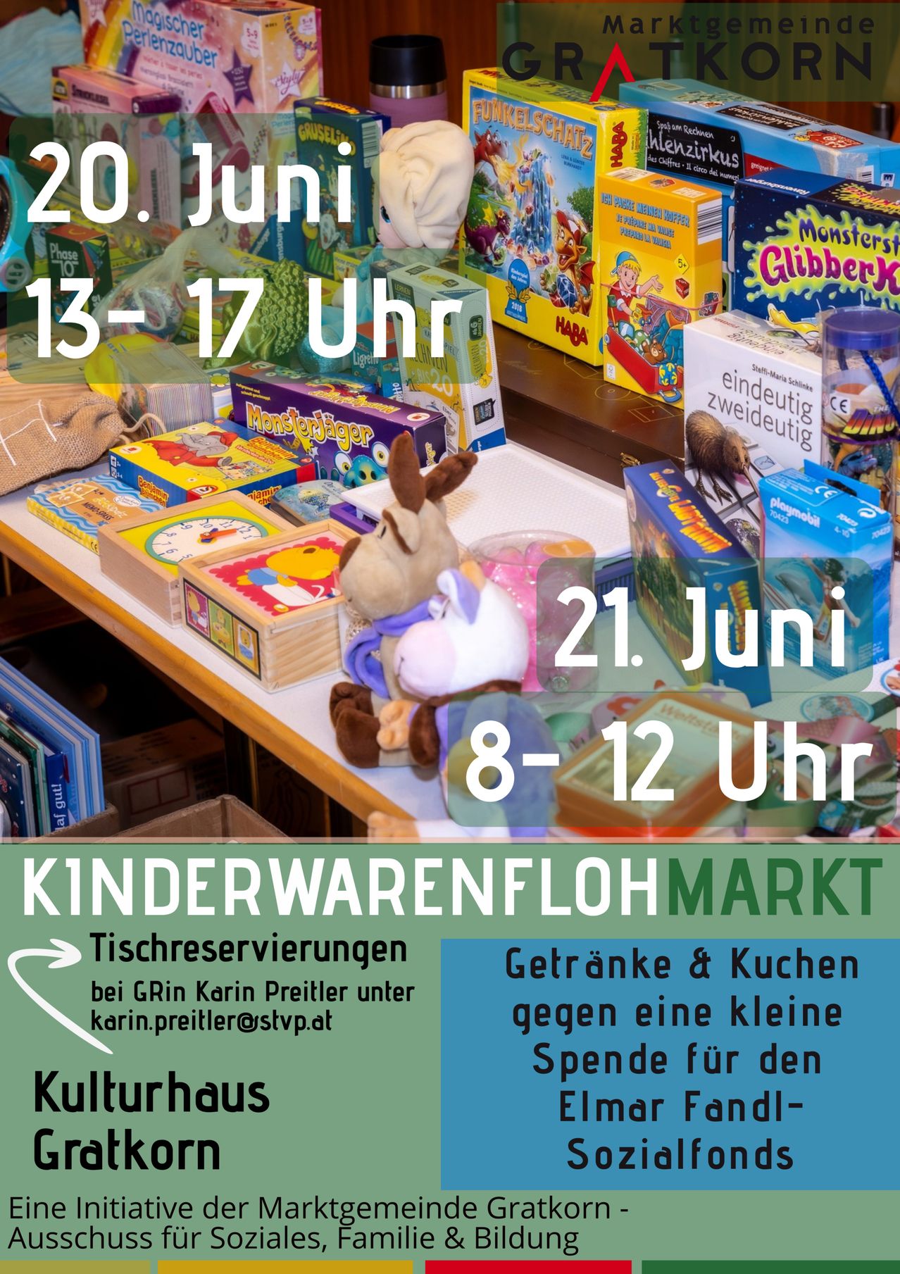 Ein Kinderflohmarkt findet am 20. Juni von 13-17 Uhr und am 21. Juni von 8-12 Uhr statt. Tischreservierungen können bei Karin Preitler vorgenommen werden. Getränke und Kuchen sind gegen eine kleine Spende für das Kulturhaus erhältlich.