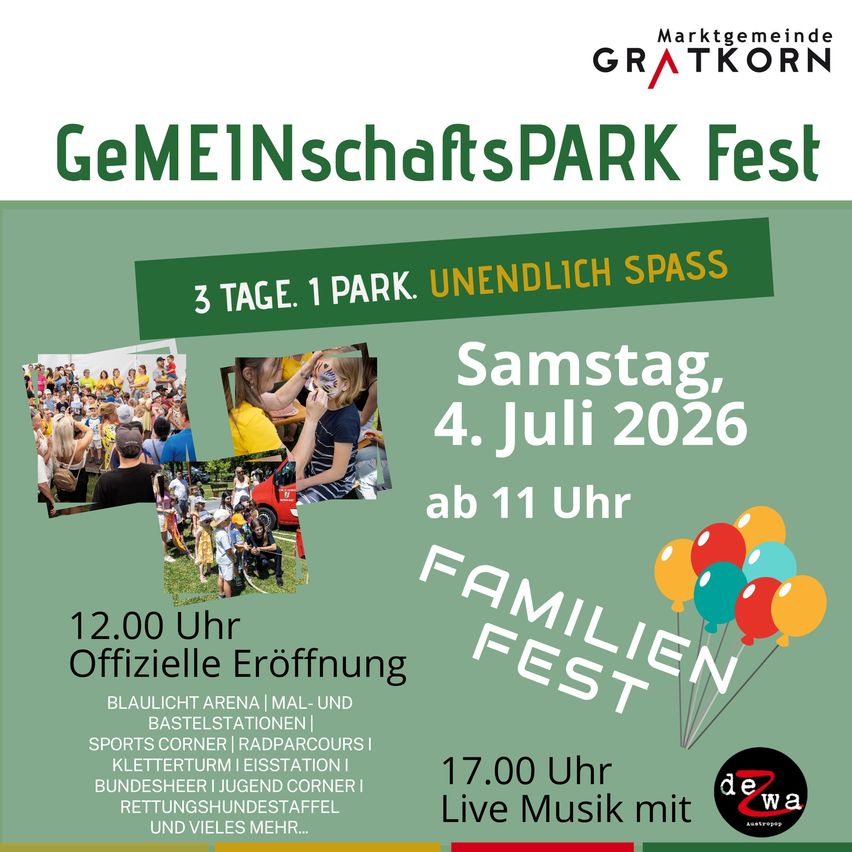 Gemeinschaftspark-Fest, 4. Juli 2026, Beginn um 11 Uhr. Mit Sportecke, Gesichtsbemalung, Musik und mehr. Offizielle Eröffnung um 12 Uhr.