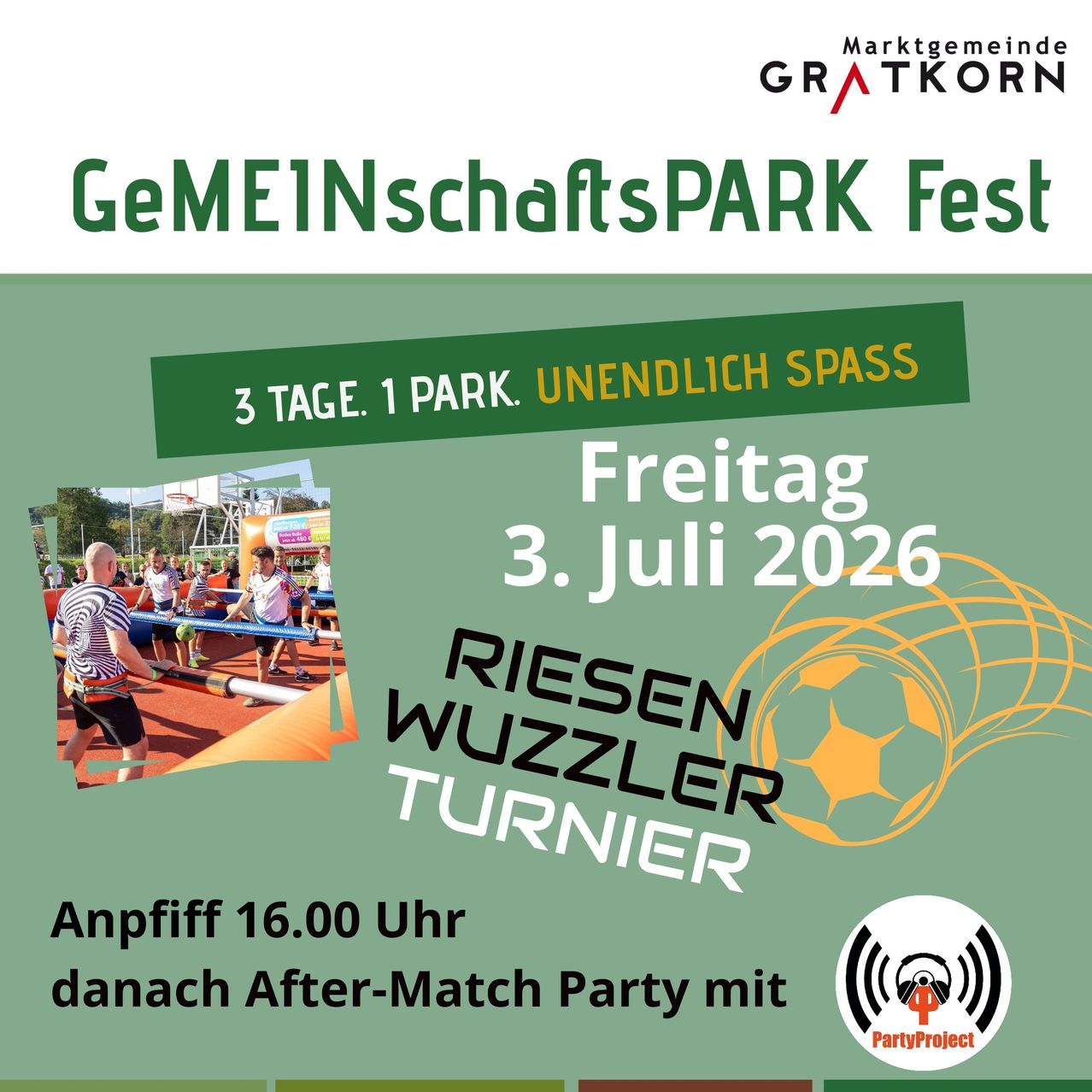 Gemeinschaftspark Fest, 3 Tage, 1 Park, endloser Spaß. Freitag, 3. Juli 2026, Beginn um 16:00 Uhr, mit einem riesigen Hindernisparcours und einer Party mit Fußball-Thema.