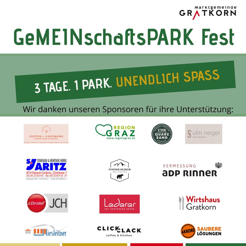 Plakat für das Gemeinschafts Park Fest, 3 Tage, 1 Park, gesponsert von verschiedenen Unternehmen. Enthält Logos der Sponsoren. Grüner und weißer Hintergrund.