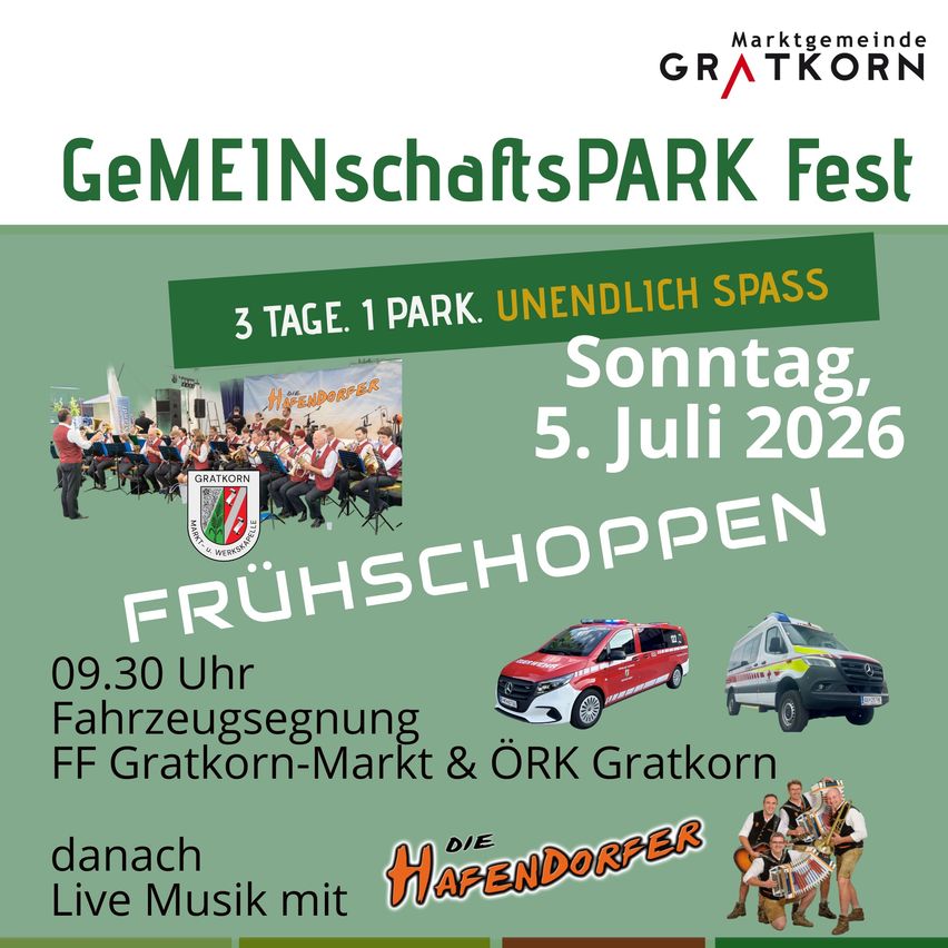 Plakat für das GemeInschaftspark Fest, eine Gemeinschaftsveranstaltung in Gratkorn, mit Fahrzeugprozession und Live-Musik. Geplant für den 5. Juli 2026.