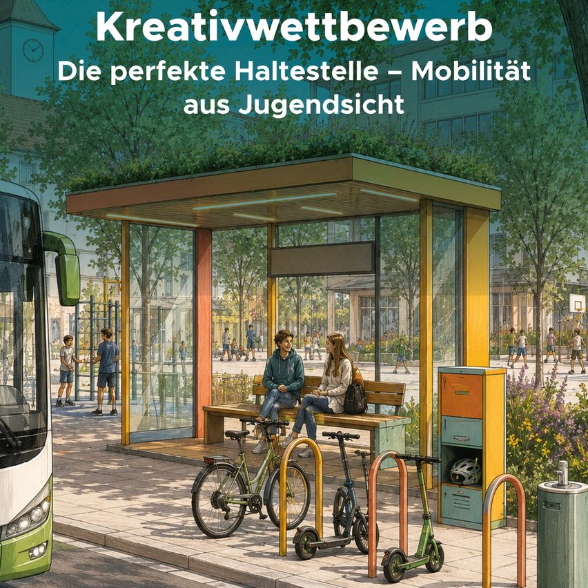 Eine künstlerische Darstellung einer Bushaltestelle mit grünem Dach, Fahrrädern und Rollern. Zwei Personen sitzen auf einer Bank, eine Frau mit Rucksack. Ein Bus ist in der Nähe geparkt.