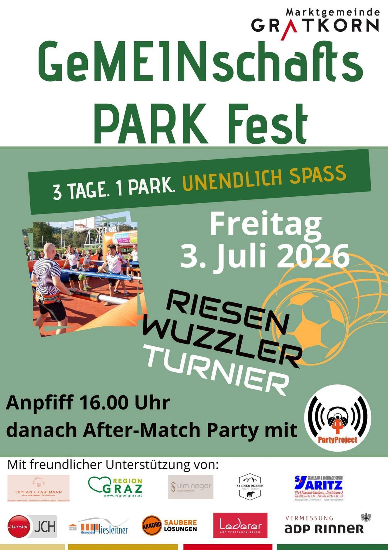 PARK Fest am Freitag, 3. Juli 2026 mit Riesen Wuzzler Turner und After-Match-Party ab 16:00 Uhr.