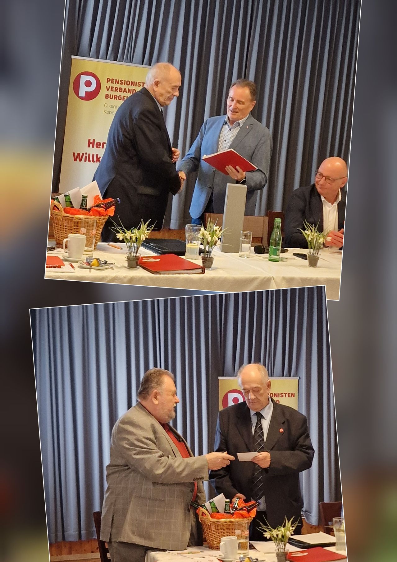 Zwei Männer tauschen ein Dokument aus, während sie an einem Tisch mit Blumen, Tassen und einem Korb stehen. Ein weiterer Mann sitzt in der Nähe. Unten überreicht ein Mann einem anderen einen Zettel.