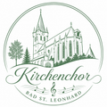 Ein Logo für Kirchenchor Bad St. Leonhard mit einer Kirche, einem Glockenturm und musikalischen Noten unter dem Text.