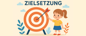 Illustration einer jungen Madchen, die einen Pfeil auf das Zentrum einer Zielscheibe richtet. Daruber steht das Wort Zielsetzung auf Deutsch geschrieben.