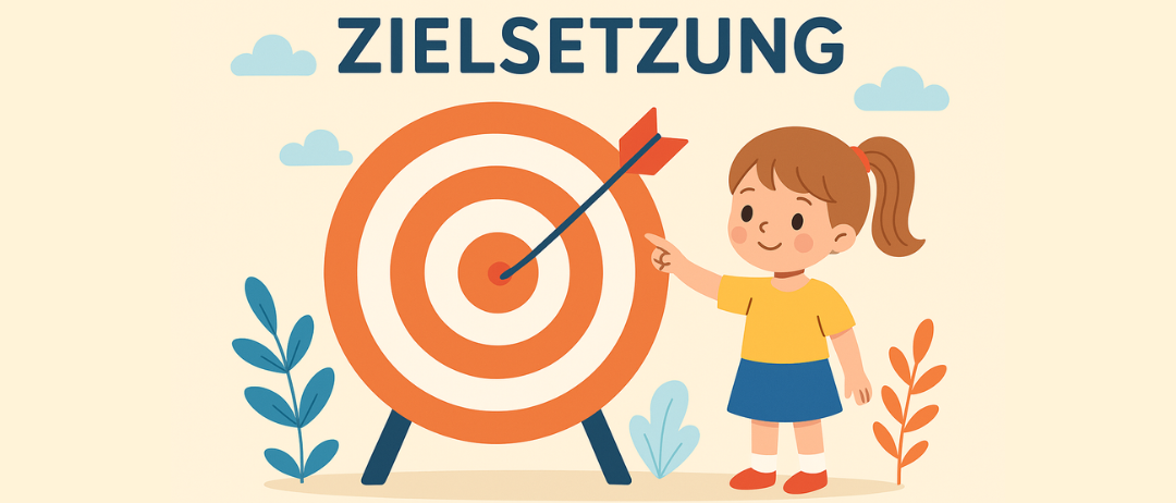 Illustration einer jungen Madchen, die einen Pfeil auf das Zentrum einer Zielscheibe richtet. Daruber steht das Wort Zielsetzung auf Deutsch geschrieben.