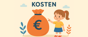 Eine Zeichnung eines Mädchens, das auf einen großen orangefarbenen Beutel mit einem Euro-Zeichen zeigt, unter dem Wort 'Kosten'.