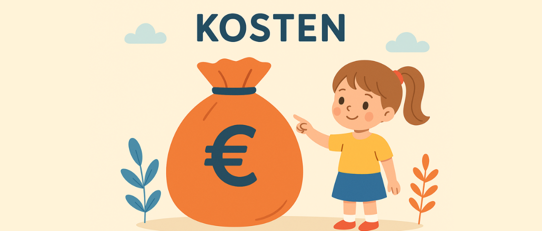 Eine Zeichnung eines Mädchens, das auf einen großen orangefarbenen Beutel mit einem Euro-Zeichen zeigt, unter dem Wort 'Kosten'.
