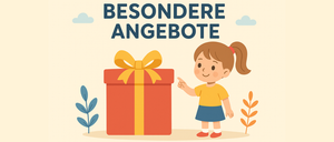 Eine Illustration einer jungen Frau, die auf einen Geschenkkarton mit gelber Schleife zeigt. Über dem Geschenk steht 'BESONDERE ANGEBOTE'.