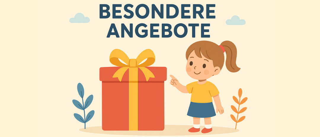 Eine Illustration einer jungen Frau, die auf einen Geschenkkarton mit gelber Schleife zeigt. Über dem Geschenk steht 'BESONDERE ANGEBOTE'.