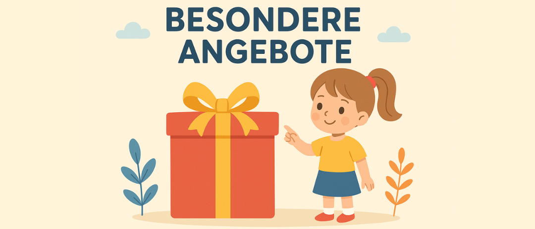 Eine Illustration einer jungen Frau, die auf einen Geschenkkarton mit gelber Schleife zeigt. Über dem Geschenk steht 'BESONDERE ANGEBOTE'.