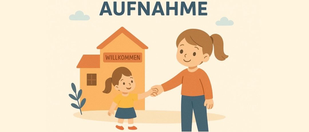 Eine Illustration zeigt eine Frau, die die Hand eines Kindes vor einem Gebäude mit der Aufschrift 'Aufnahme' hält. Beide lächeln. Das Gebäude hat auch ein Schild mit der Aufschrift 'Willkommen'.
