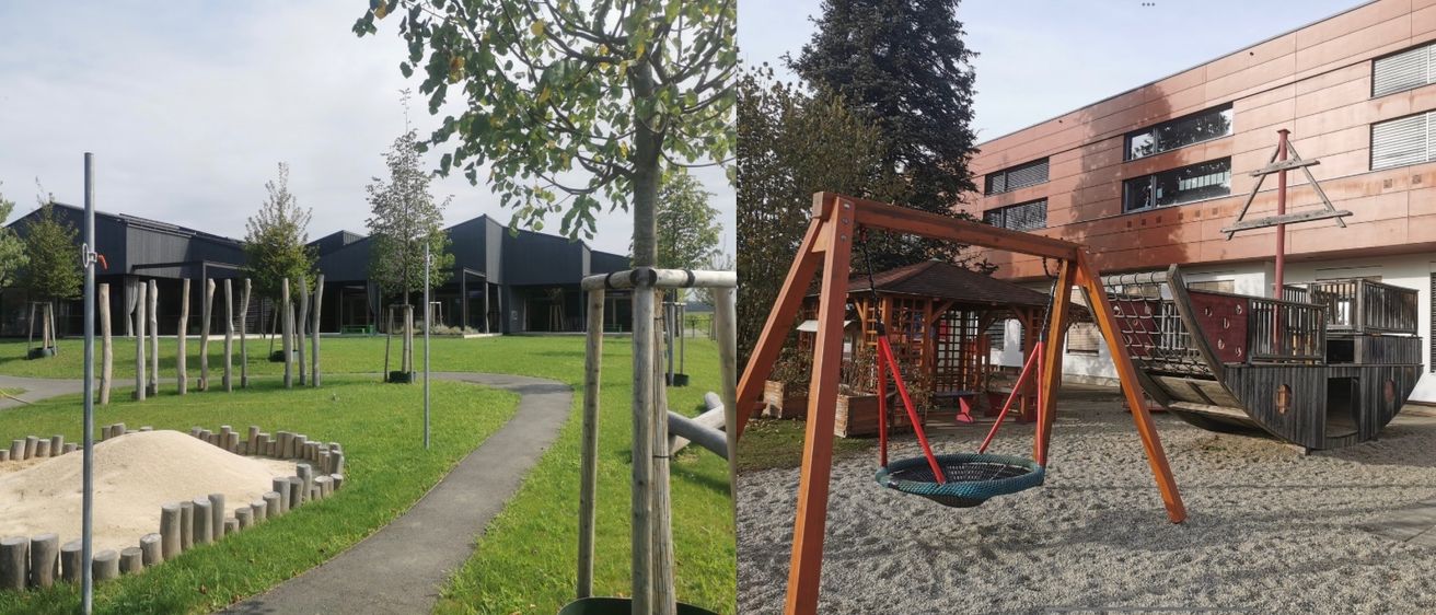 Zwei Außenszenen: eine mit einem Baum neben einem Weg und einem Gebäude, die andere mit einem hölzernen Schaukelgestell in einem Park.