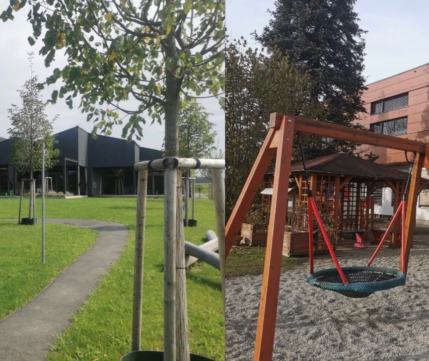 Zwei Außenszenen: eine mit einem Baum neben einem Weg und einem Gebäude, die andere mit einem hölzernen Schaukelgestell in einem Park.