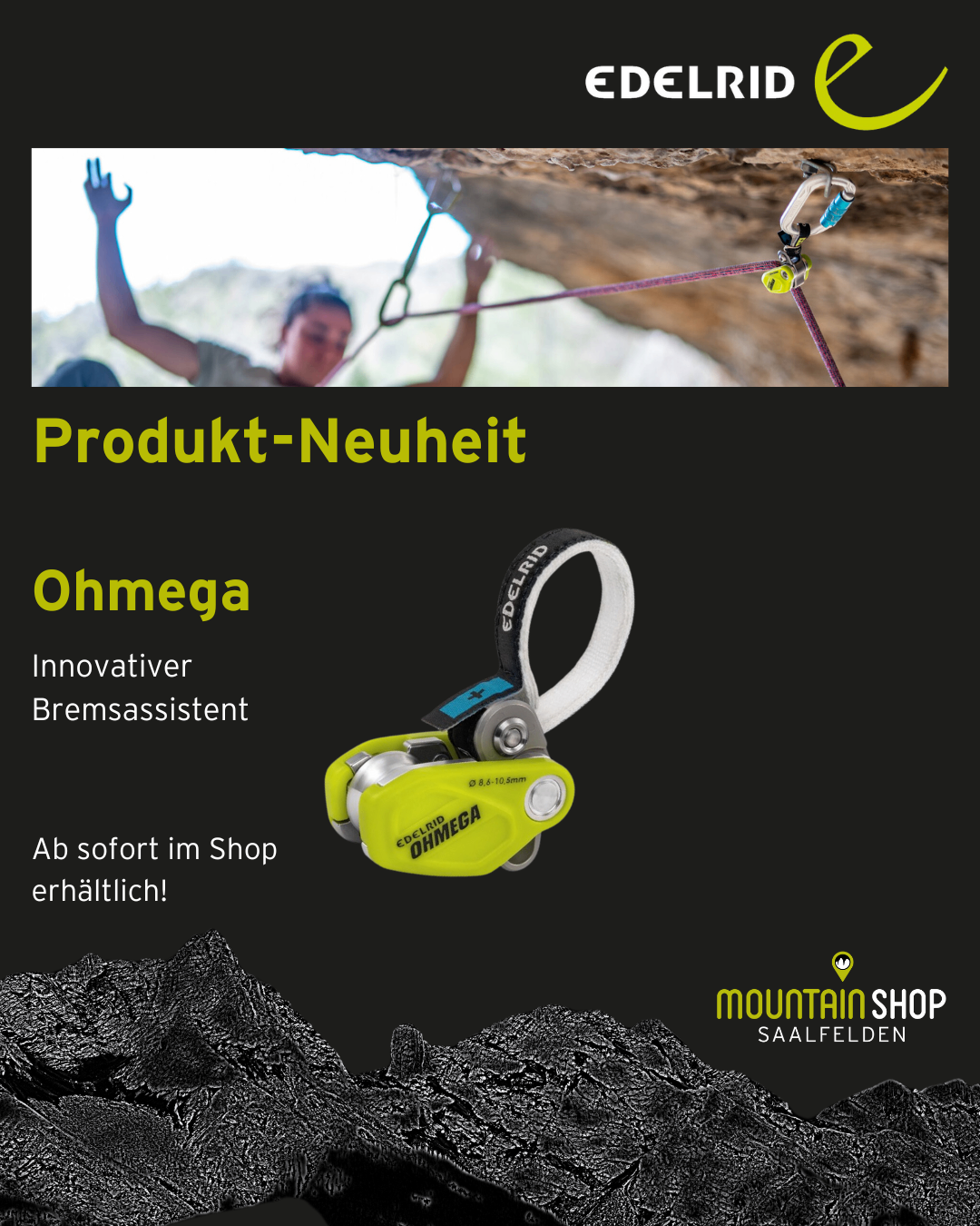 Ein Mann klettert mit Seilen und Gurtzeug. Produkt-Neuheit Ohmega. Innovativer Bremsassistent. Jetzt im Shop erhältlich.