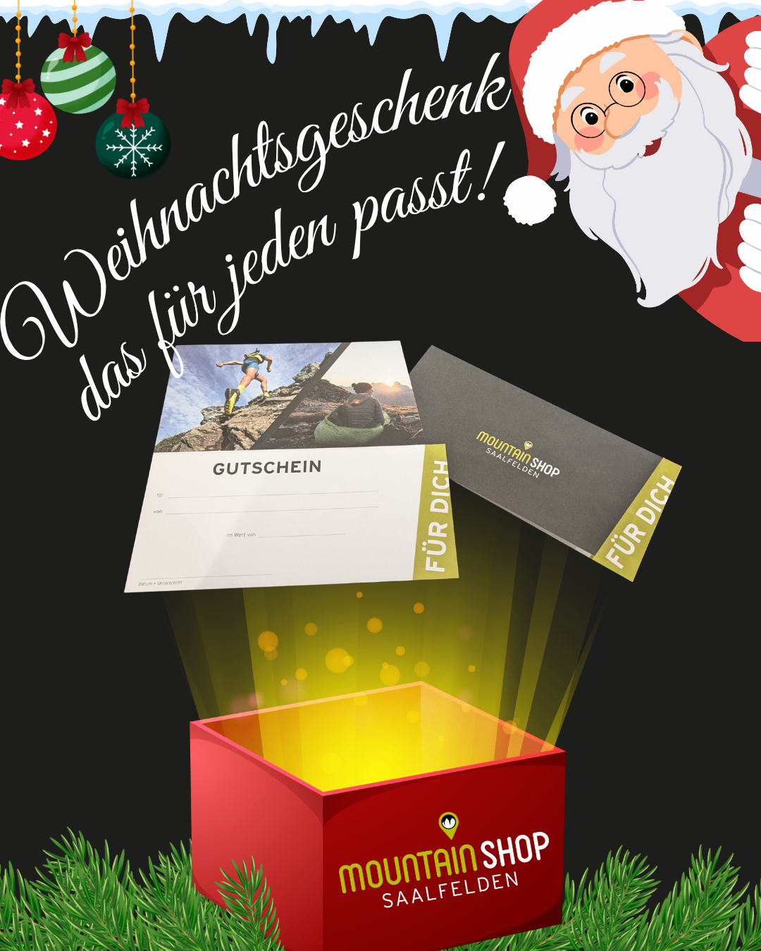 Weihnachtsgeschenk für jeden, mit einem Läufer auf einem Berg, einem Gutschein und einer Box mit dem Mountain Shop Logo.