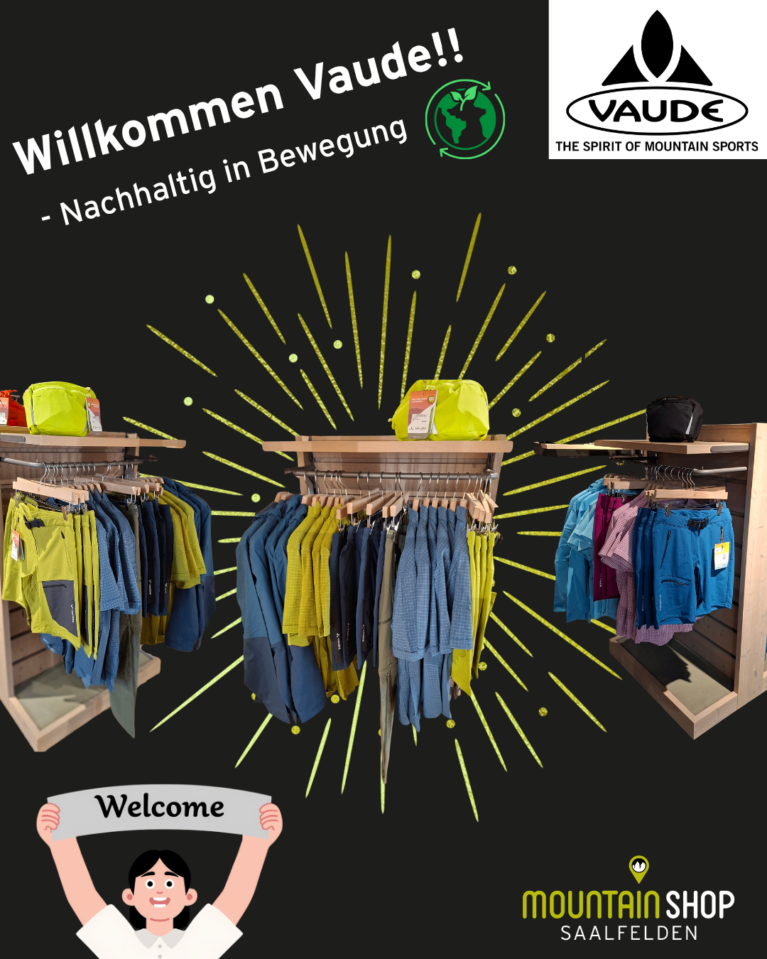 Poster mit drei Kleiderständern, die nachhaltige Kleidung zeigen. Oben links steht 'Willkommen - Nachhaltig in Bewegung', in der Mitte 'Welcome' und rechts 'The Spirit of Mountain Sports'.