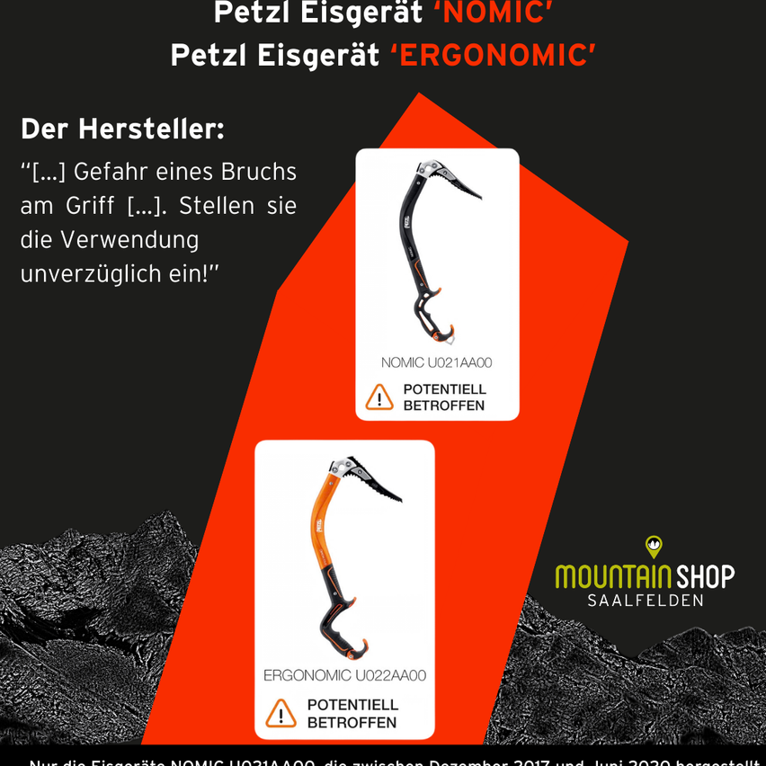 Ein Werbeposter für Petzl-Eiswerkzeuge zeigt zwei Modelle, 'NOMIC' und 'ERGONIC'. Es weist auf die Gefahr eines gebrochenen Griffs hin und empfiehlt, die Verwendung sofort einzustellen. Das Poster enthält Produktcodes und ein Warnsymbol.