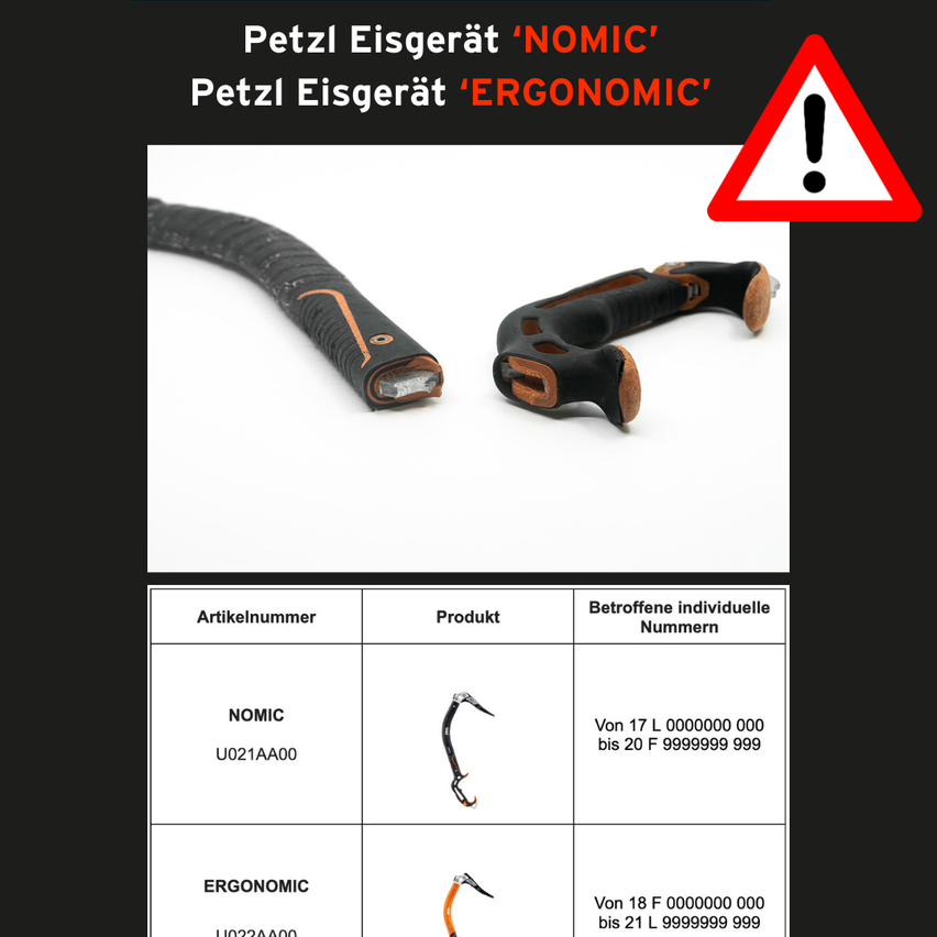 Das Bild zeigt ein Warnzeichen mit zwei Eispickeln, die mit 'NOMICS' und 'ERGONOMIC' gekennzeichnet sind. Darunter befindet sich eine Tabelle mit Produktcodes und Seriennummern. 'NOMICS' hat den Code U021AA00 und die Seriennummern 17L0000000000 bis 20F999999999. 'ERGONOMIC' hat den Code U023AA00 und die Seriennummern 18F000000000 bis 21L999999999.