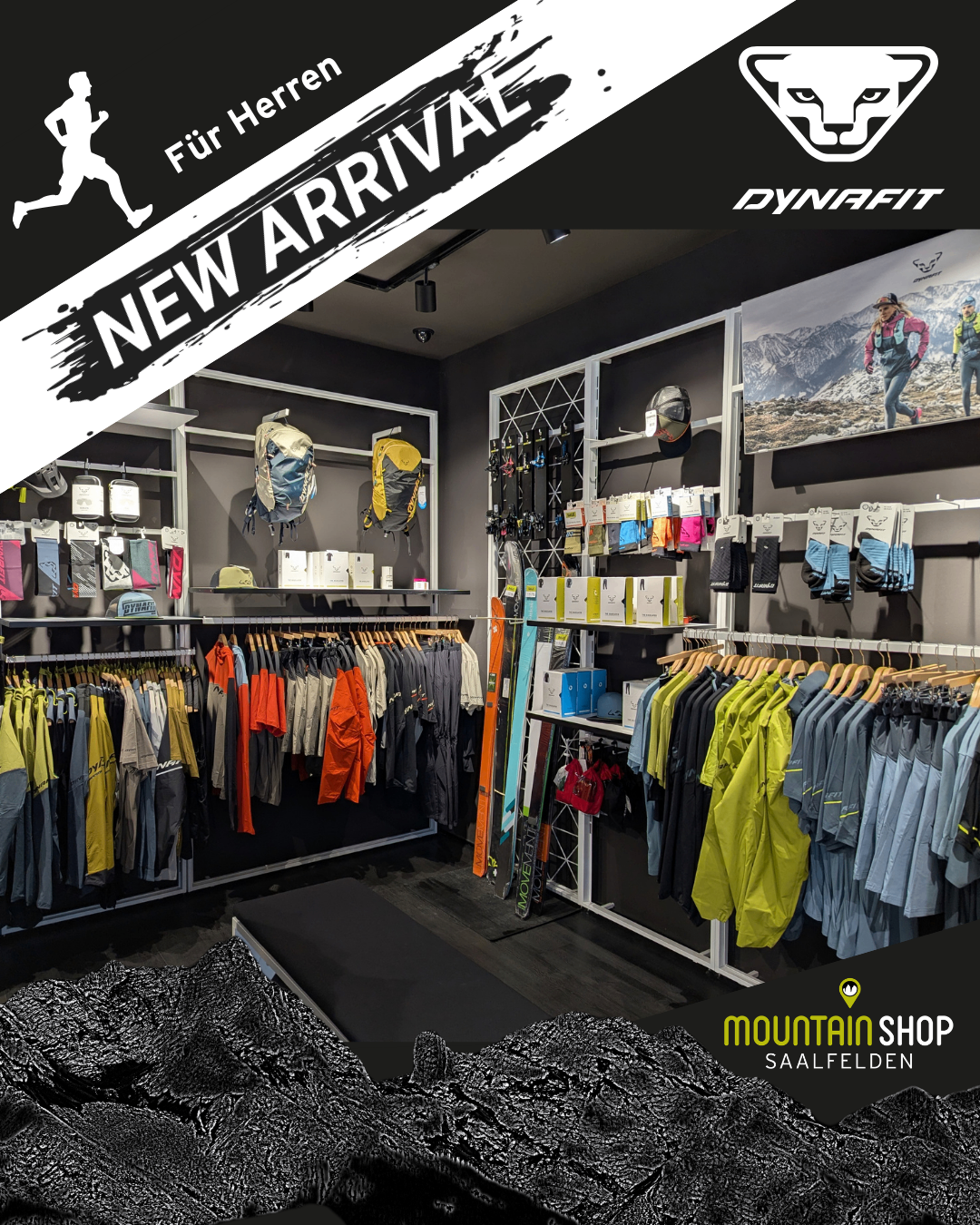 A sportswear store with various clothing items, jackets, hats, and backpacks on display. The store features a modern design with white shelves and a mountain image on the wall.