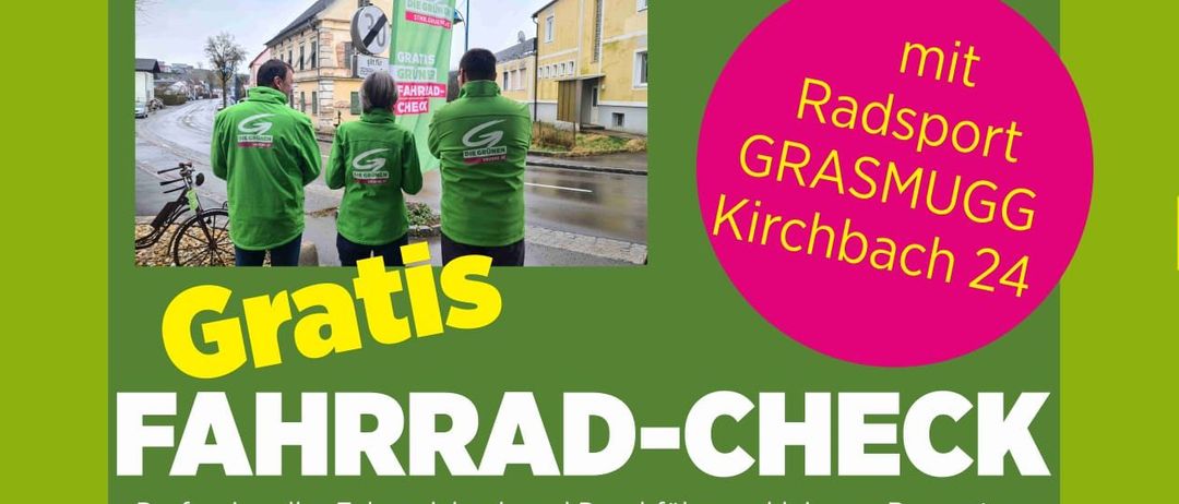 Eine Anzeige für einen kostenlosen Fahrrad-Check und Reparaturservice. Er findet am Freitag, 10. April 2026, von 14:00 bis 18:00 Uhr in Grasmug Kirchbach 24 statt.