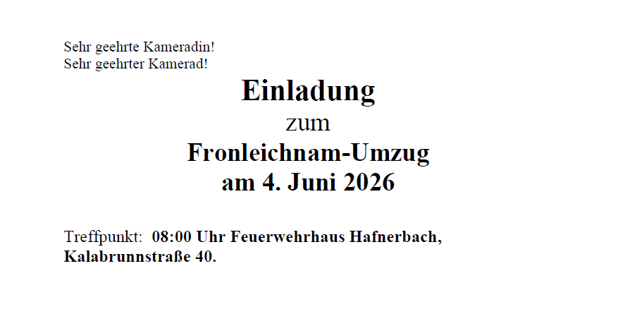Einladung zum Froileinumzug am 4. Juni 2026, Treffpunkt um 08:00 Uhr am Feuerwehrhaus Hafnerbach, Kalabrunnstraße 40, mit kameradschaftlichen Grüßen, Gotthard Rotkröpf.