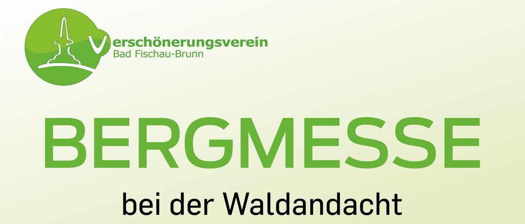 Plakat für eine Bergmesse am Sonntag, 24. August 2025, um 10:00 Uhr. Treffpunkt um 09:15 im Vereinshaus. Shuttlebus ab 09:30 vor der Kirche. Foto einer Versammlung mit einem Redner.