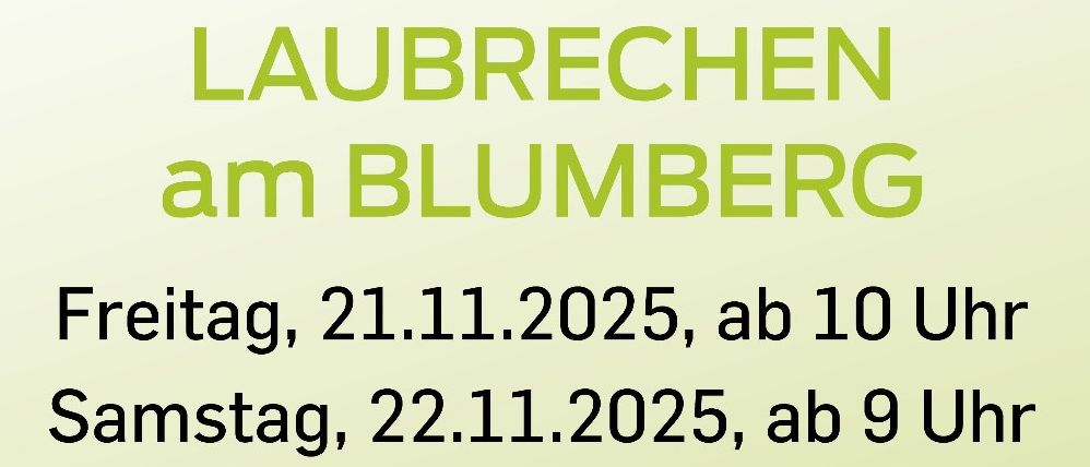 Poster for Laubrechen am Blumberg. Event on November 21 and 22, 2025. Meeting point at Theodor Wichmann Gasse 10, 2721 Bad Fischau-Brunn. Registration via phone or email. Image shows a person raking leaves.