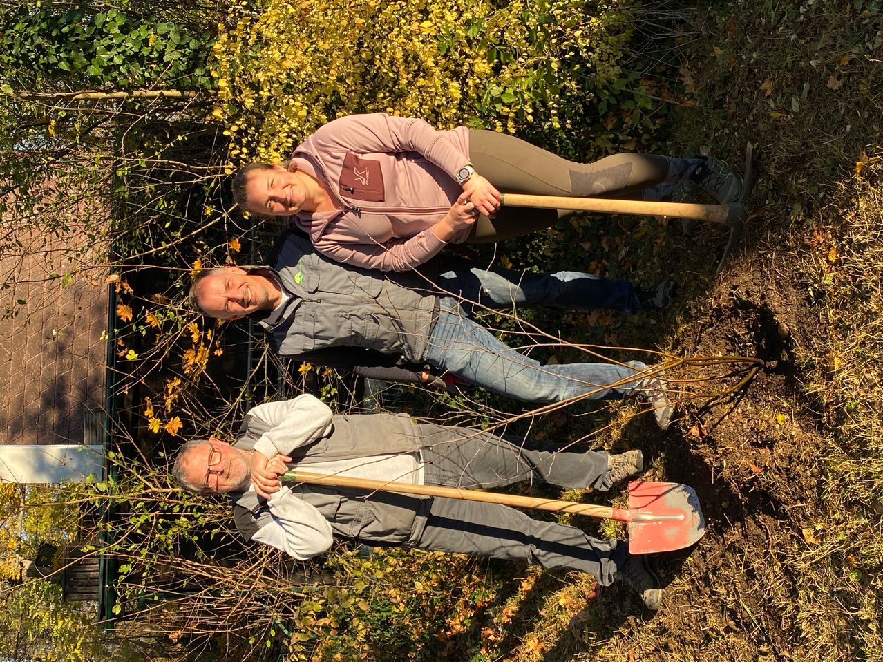 Drei Menschen posieren für ein Foto beim Gärtnern in einem Feld mit grünen Pflanzen und gelben Blumen. Sie halten Holzstäbe, und zwei von ihnen tragen Uhren.