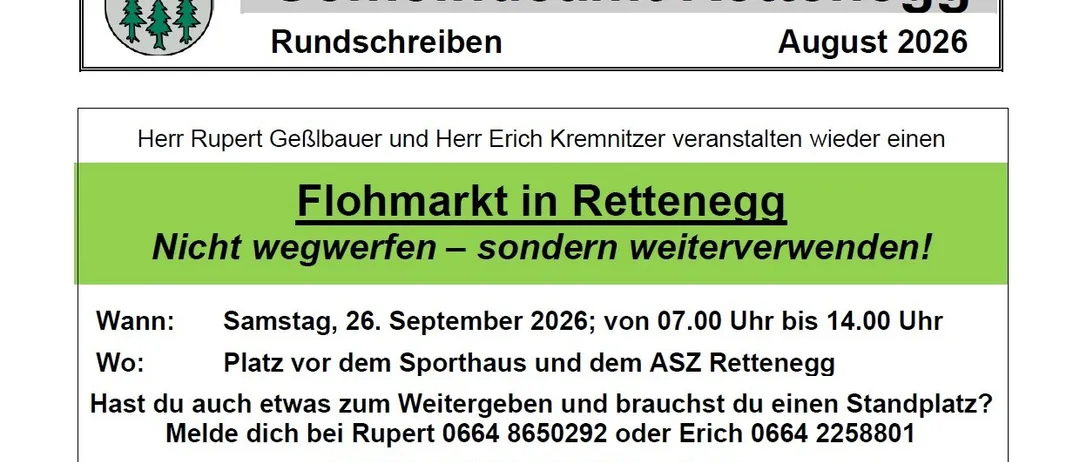 Ankündigung eines Flohmarkts in Rettenbach, organisiert von Rupert Geißbauer und Erich Kremnitzner am 26. September 2026.