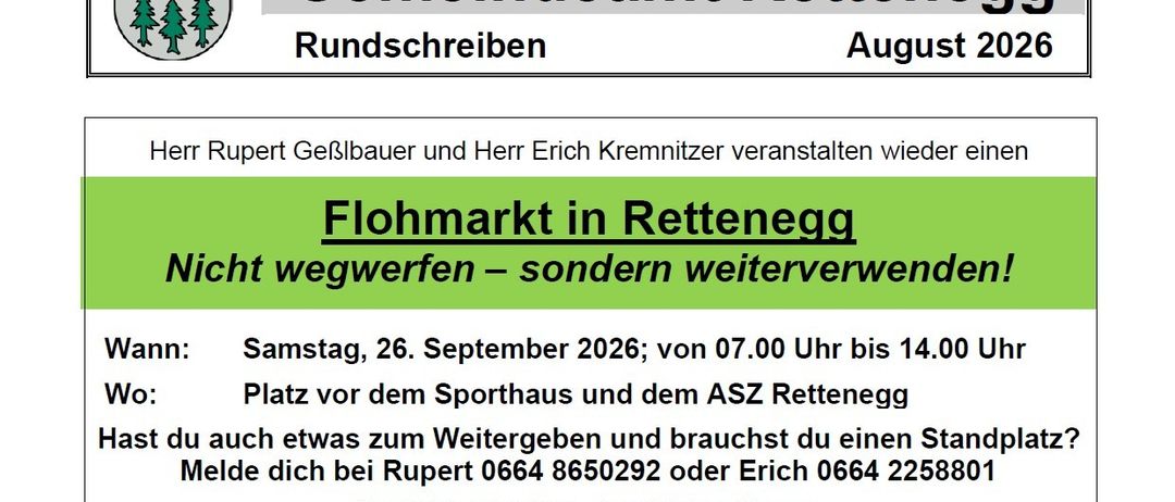 Announcement for a flea market in Rettenbach, organized by Rupert Geißbauer and Erich Kremnitzner on September 26, 2026.