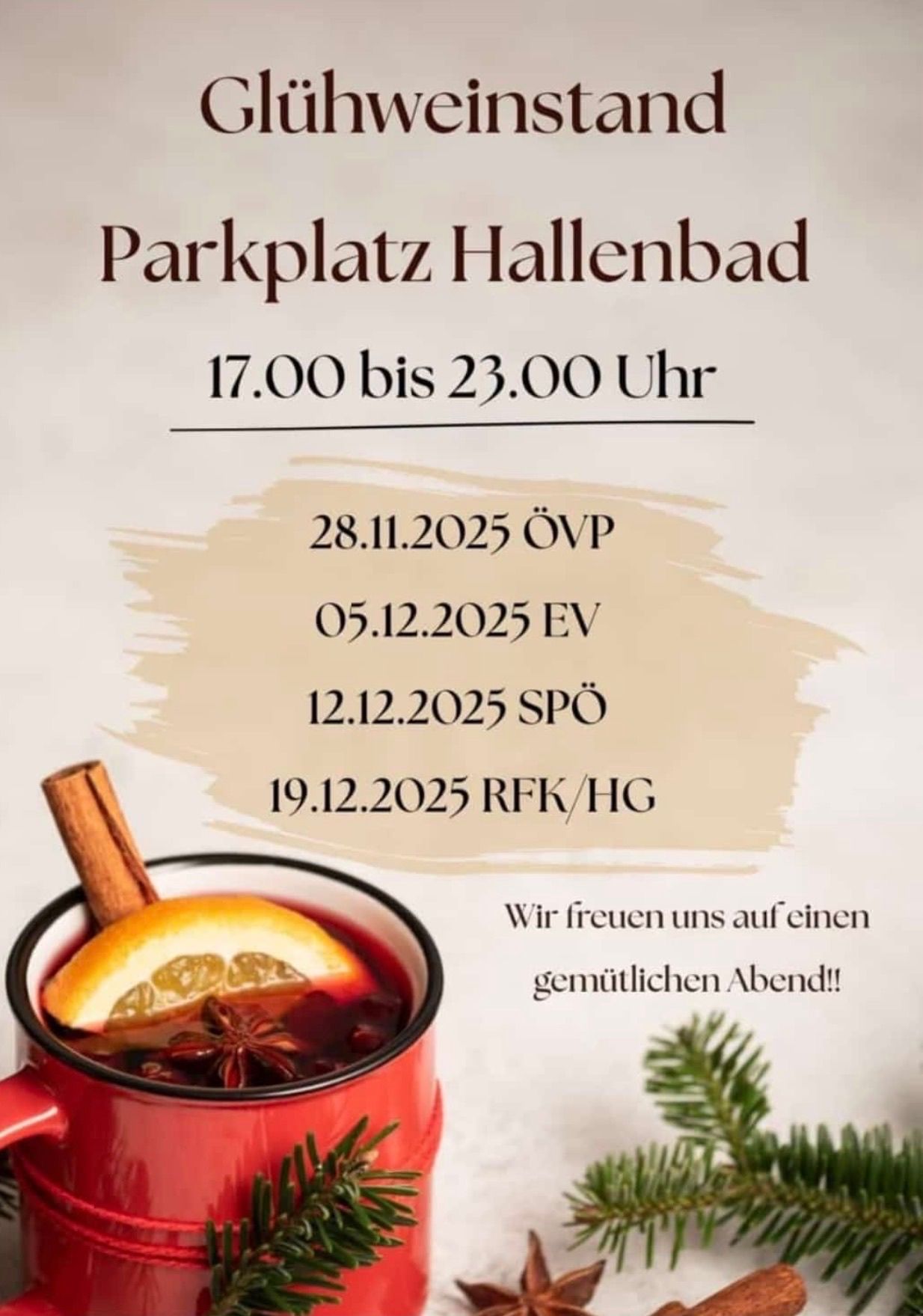Plakat für den Hallenbad-Parkplatz, geöffnet von 17:00 bis 23:00 Uhr. Termine für Veranstaltungen sind 28.11.2025, 05.12.2025, 12.12.2025 und 19.12.2025. Ein Becher heißes Getränk mit Gewürzen ist abgebildet.