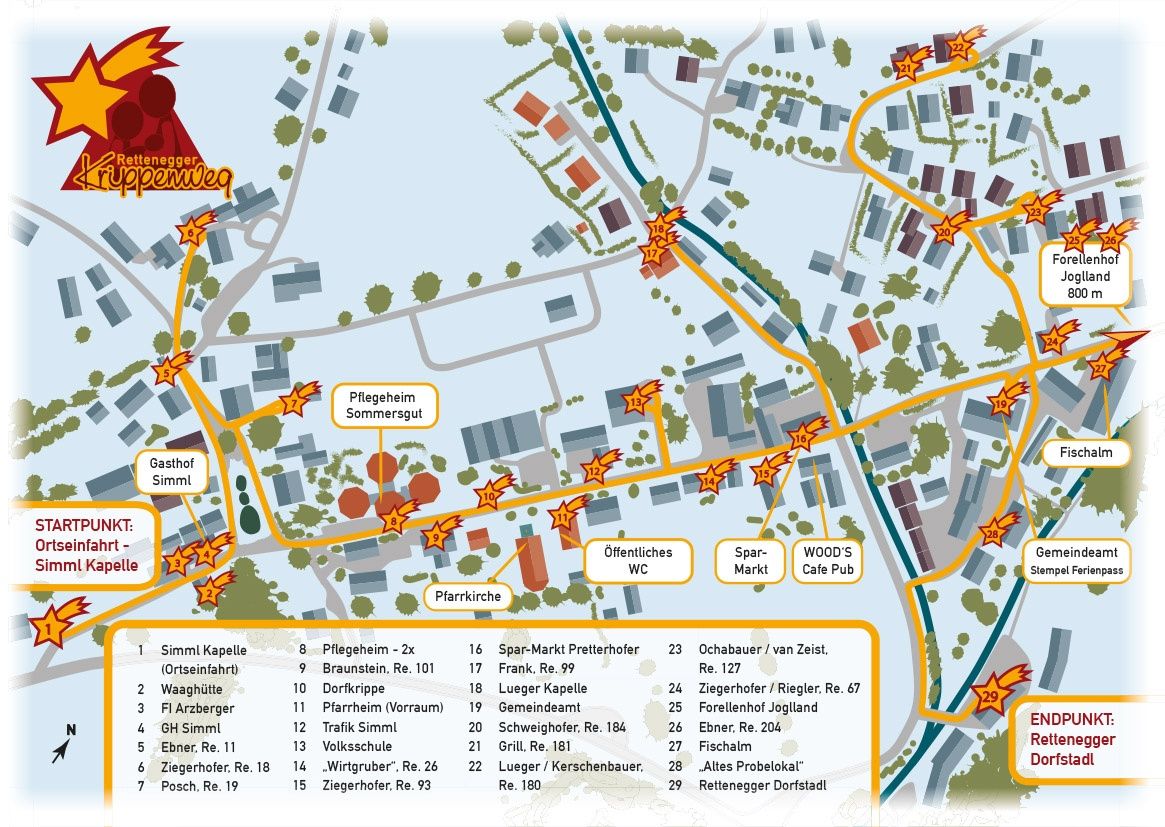 Die Karte zeigt ein Wohngebiet mit verschiedenen Gebäuden, Straßen und nummerierten Orten. Bemerkenswerte Orte sind Pflegeheim Sommersgut, Spar-Markt und WOOD'S Cafe Pub. Es gibt auch nummerierte Orte wie Pflegeheim, Re. 101 und andere.