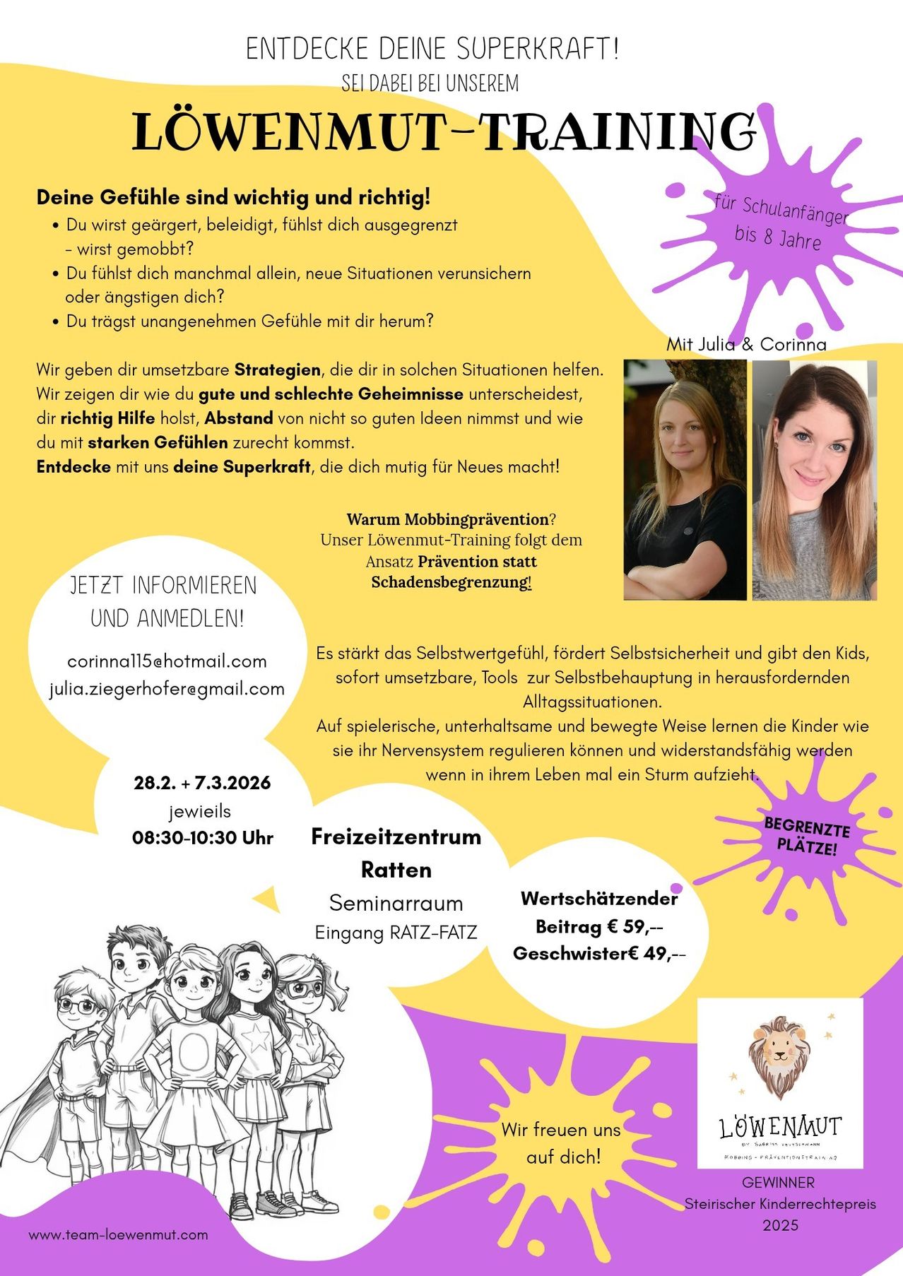 Ein Plakat für eine Schulung zur Emotionsregulation für Kinder bis 8 Jahre. Die Sitzung bietet Strategien zur Bewältigung von Emotionen, zur Unterscheidung guter und schlechter Geheimnisse und zum Umgang mit starken Gefühlen. Sie wird von Julia und Corinna durchgeführt.