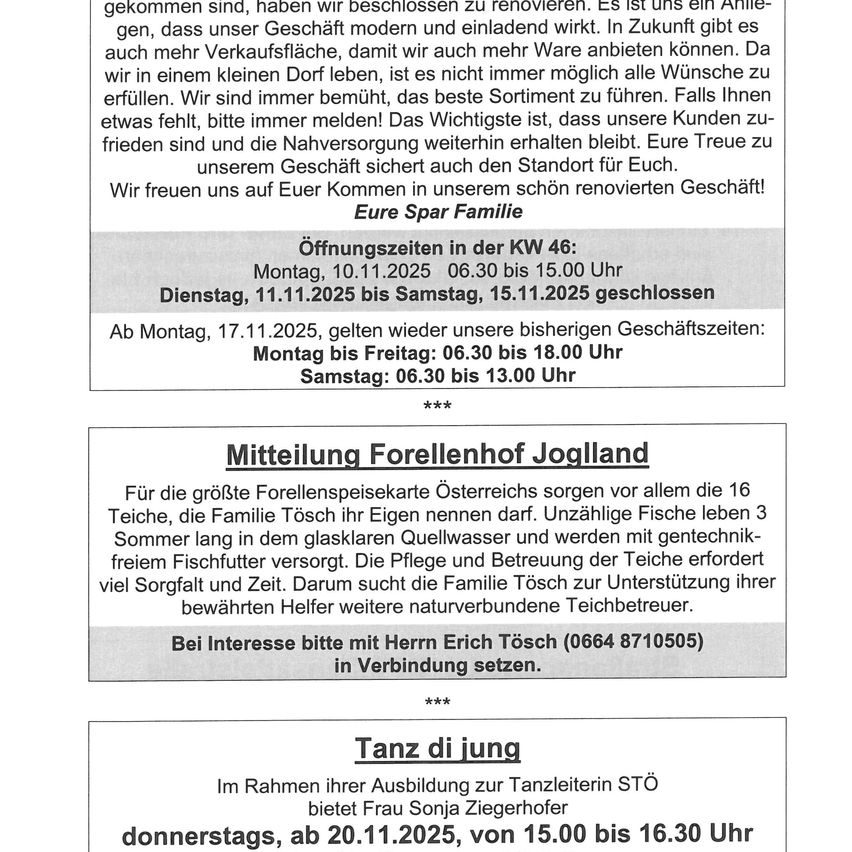 The image shows a business announcement for a shop renovation, with operating hours for the week and an introduction of the family behind the business. It also includes an announcement for a fish pond sponsorship in Joglland and an invitation for a dance lesson with Sonja Zieglerhofer.