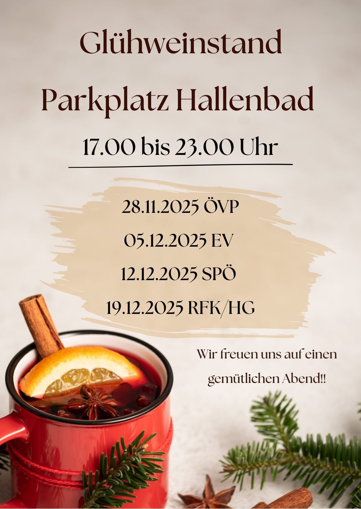 Werbeposter für die 'Parkplatz Hallenbad' Veranstaltung. Es zeigt eine Tasse mit würzigem Tee, Zimtstange und Orangenscheibe. Die Daten sind: 28.11.2025, 05.12.2025, 12.12.2025, 19.12.2025. Zeit: 17:00 bis 23:00 Uhr.