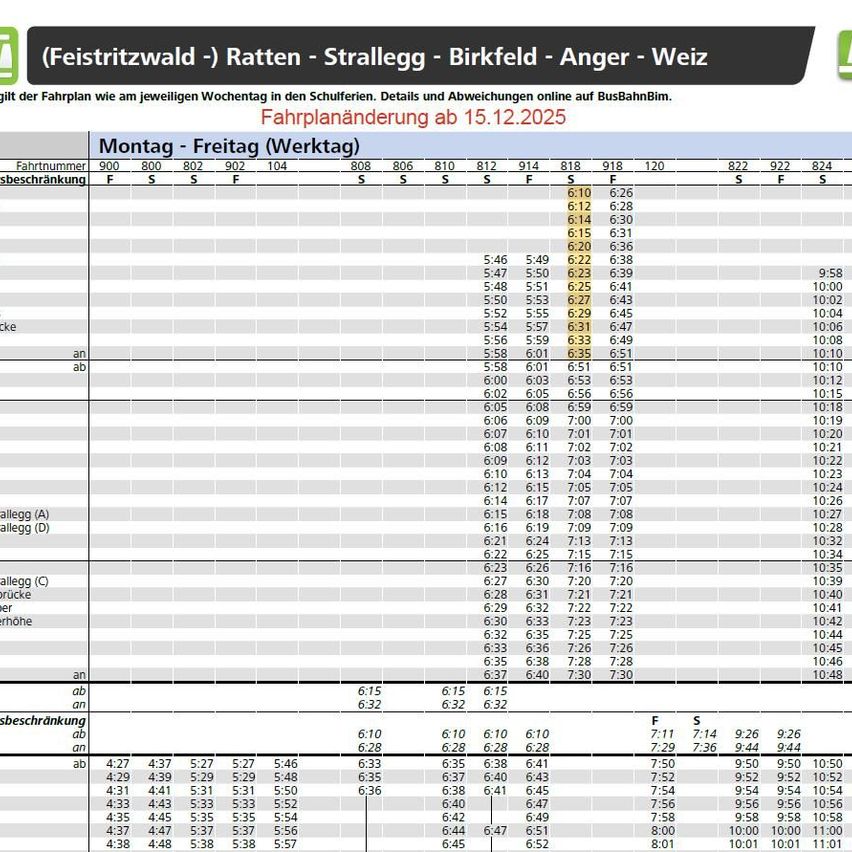 Tabelle mit Änderungen des Fahrplans für Feistritzwald bis Ratten, Strahlegg, Birkfeld, Anger und Weiz. Details und Abweichungen finden Sie online auf BusBahnBim. Fahrplanänderung ab 15.12.2025.