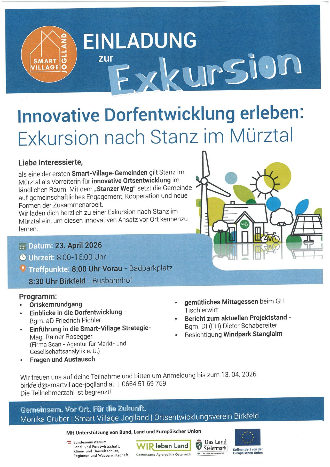 Einladung zur Exkursion nach Stanz im Murztal. 23. April 2026, von 8:00 bis 16:00. Treffpunkt 8:00 Uhr am Parkplatz. Das Programm umfasst eine Dorftour, eine Präsentation der Smart-Village-Strategie und einen Besuch der Windturbine.