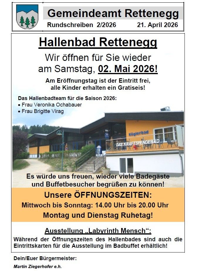 Werbeanzeige für Hallenbad Rettenegg, das am 2. Mai 2026 öffnet. Kostenloser Eintritt am Eröffnungstag und für Kinder. Öffnungszeiten von Mittwoch bis Sonntag.