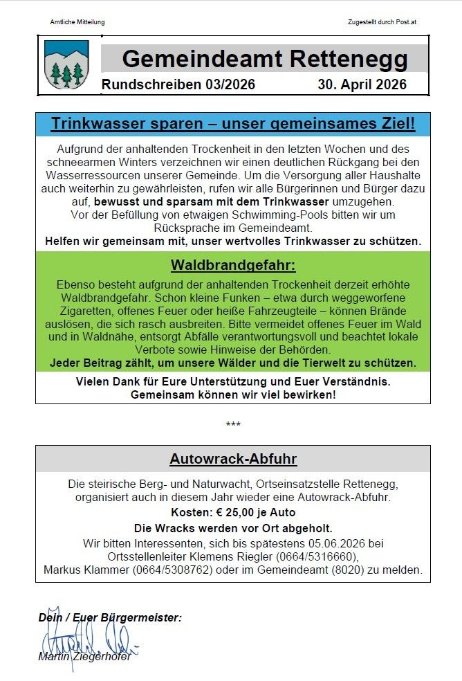 Aufgrund der anhaltenden Trockenheit ist die Wasserversorgung in der Gemeinde stark beeinträchtigt. Die Bewohner werden gebeten, Trinkwasser sparsam zu verwenden. Das Füllen von Schwimmbecken ist verboten. Helfen Sie gemeinsam, unser wertvolles Trinkwasser zu schützen.