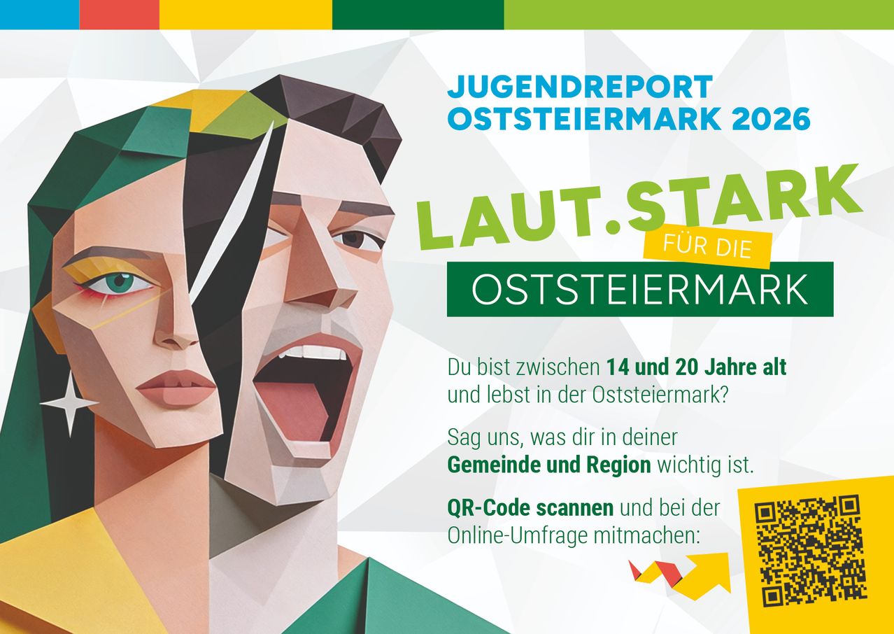 Eine Illustration eines jungen Menschen mit Sprechblase. Es steht: 'Bist du zwischen 14 und 20 Jahren alt und lebst in der Steiermark? Sag uns, was dir in deiner Gemeinde und Region wichtig ist. Scanne den QR-Code und nimm an der Online-Umfrage teil.'