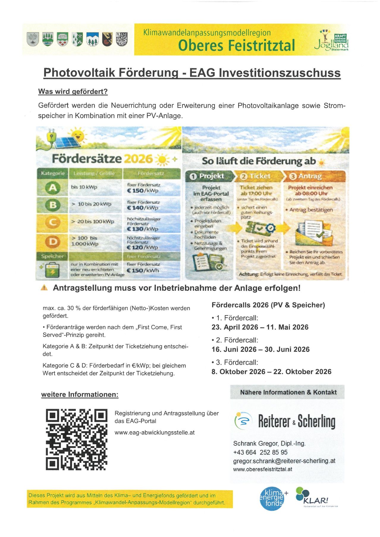 Ein Informationsposter über PV- und Batteriespeicherzuschüsse im Jahr 2026. Es beschreibt Kategorien A, B, C und D mit spezifischen Beträgen für jede und einen Ablauf für die Antragsstellung. Der Antrag muss vor der Inbetriebnahme des Systems eingereicht werden. Zusätzliche Informationen und Kontaktdaten werden bereitgestellt.