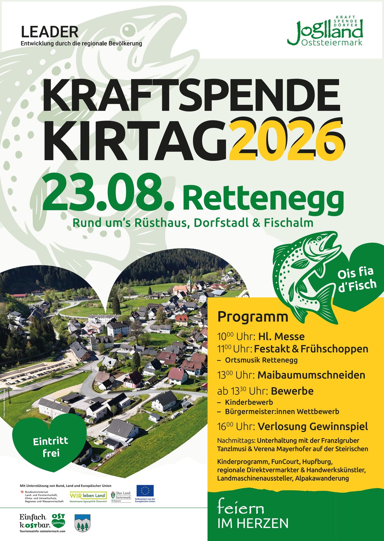 Plakat für Kraftspende Kirtag 2026 in Rettenegge mit Luftaufnahme des Dorfes, Veranstaltungsplan und Fischillustration. Die Veranstaltung ist kostenlos und beinhaltet eine Messe, Festakt und verschiedene Aktivitäten.