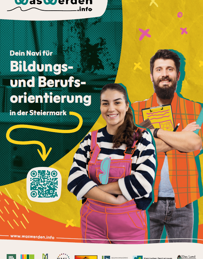 Ein Werbeplakat mit einer lächelnden Frau und einem Mann, der eine Mappe hält, mit Text auf Deutsch über Bildungs- und Berufsorientierung in der Steiermark. Ein QR-Code ist ebenfalls vorhanden.