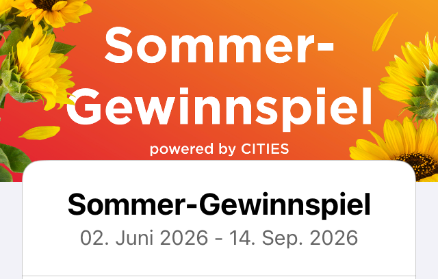 Eine Werbung für ein Sommerwettbewerb mit Sonnenblumen und einem Datum vom 2. Juni bis 14. September 2026. Powered by CITIES.