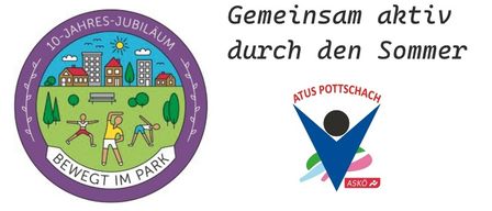 Ein Logo zeigt Menschen, die im Park trainieren, mit Gebäuden im Hintergrund. Ein separates Logo zeigt ein Dreieck mit einem Kreis darin und Text darunter.