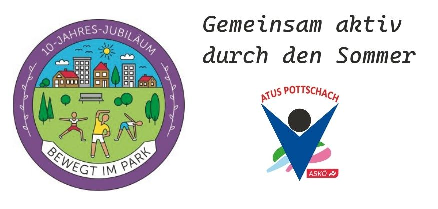 Ein Logo zeigt Menschen, die im Park trainieren, mit Gebäuden im Hintergrund. Ein separates Logo zeigt ein Dreieck mit einem Kreis darin und Text darunter.